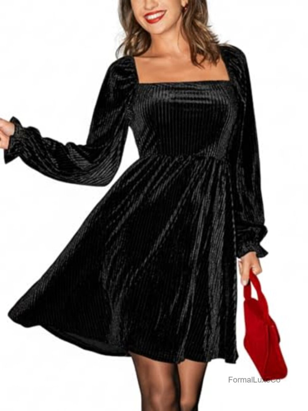 Long Sleeve Velvet Mini Party Dress Square Neck Cocktail Evening
